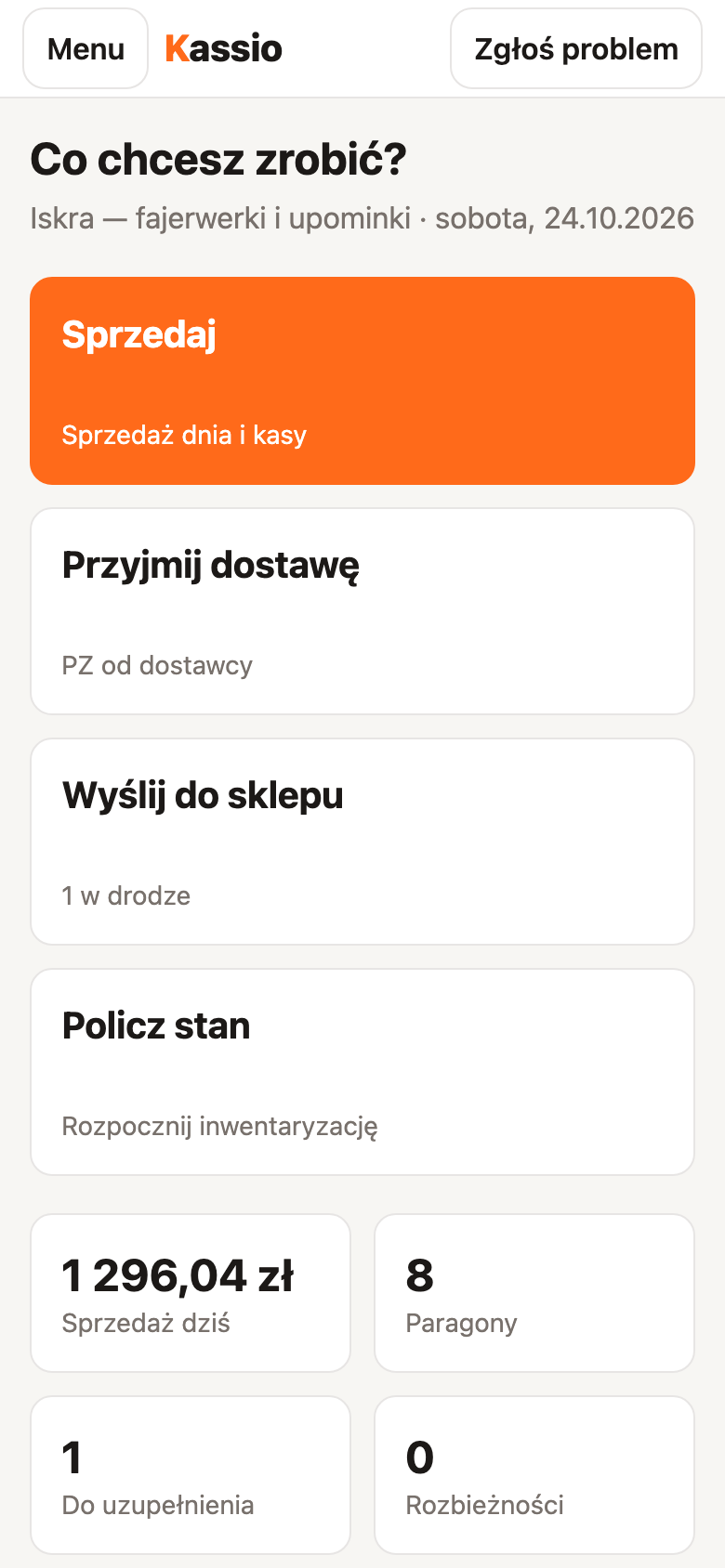 Panel Kassio na telefonie — ekran Start